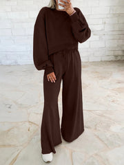 Damen Kurzpullover- und Palazzohose Lounge-Set mit Ballonärmeln Nord Taschen – Kaffeebraun