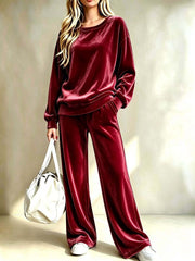 Damen Weiches Velours-Loungewear-Set mit weitem Bein und Rundhalsausschnitt Nord Taschen – Weinrot