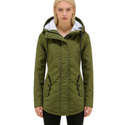 Damen Wasserabweisender Parka mit Teddyfutter, Kapuze und Taillierter Passform Nord Taschen – Militärgrün【mit Druckknopf】