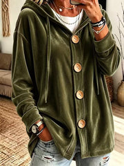 Damen Oversize Kapuzen-Samtjacke mit großen Holzknöpfen und weichem Veloursfutter Nord Taschen – Armeegrün