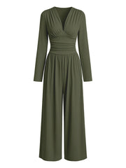 Damen Eleganter V‑Ausschnitt Jumpsuit mit tailliertem Wickelbund und weitem Hosenbein Nord Taschen – Olivgrün
