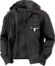 Herren Gefütterte Kapuzen-Lederjacke mit Teddyfutter und Brustreißverschlusstasche Nord Taschen – Schwarz【Stierkopf-Print】