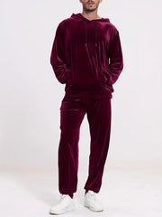 Herren Samt-Trainingsanzug mit Kapuzenpullover und gerader Jogginghose Nord Taschen – Weinrot