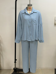 Damen Zweiteiliges Lounge-Set Oversize-Bluse mit Brusttasche und weiter Palazzo-Hose Nord Taschen – Produktfoto