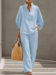 Damen Leichtes Leinen-Loungewear-Set mit Stehkragen Knopfleiste und weitem Marlene-Schnitt Nord Taschen – Hellblau