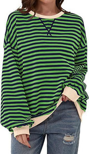Damen Gestreifter Oversize Pullover mit Kontrastbündchen Nord Taschen – Grün - Sofortversand