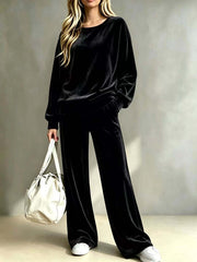 Damen Weiches Velours-Loungewear-Set mit weitem Bein und Rundhalsausschnitt Nord Taschen – Schwarz