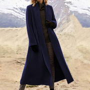 Damen eleganter langer Wollmix-Mantel mit offenem Fall und seitlichen Eingrifftaschen Nord Taschen – Dunkelblau