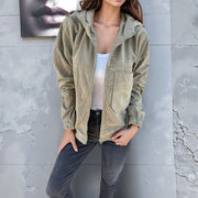 Damen Cord-Zipjacke mit Kapuze, Rippstruktur und Eingrifftaschen Nord Taschen – Khaki-Grün