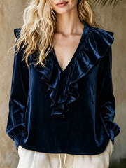 Damen Rüschige V-Ausschnitt-Bluse aus Chiffon mit Volantkragen und elastischen Manschetten Nord Taschen – Marineblau