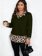Damen Lagenlook-Pullover mit V-Ausschnitt und Leoprint-Blusen-Einsatz Nord Taschen – Olivgrün - Versand heute