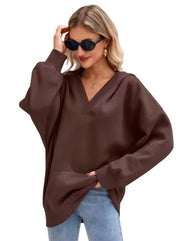 Damen Oversize V-Ausschnitt Hoodie mit Kapuze, Kängurutasche und verlängertem Saum Nord Taschen – Kaffeebraun