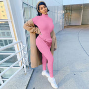Damen Figurbetonter Rippstrick-Overall mit Stehkragen und Frontreißverschluss Nord Taschen – Fuchsia – Lang