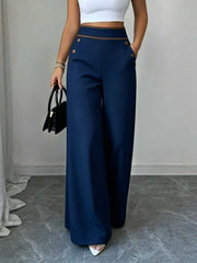 Damen Hochtaillierte Palazzo-Hose mit Zierknöpfen und weitem Bein Nord Taschen – Marineblau