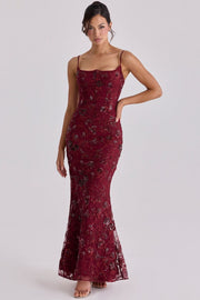 Damen nan elegantes besticktes Abendkleid mit Korsettoberteil und transparentem Spitzenüberzug - Vittorelli – Weinrot