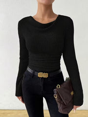 Damen Gerippter Taillierter Feinstrickpullover mit Raffung Nord Taschen – Schwarz