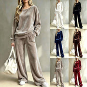 Damen Weiches Velours-Loungewear-Set mit weitem Bein und Rundhalsausschnitt Nord Taschen – Gewicht: S:700g–XXL:800g