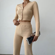 Damen Enganliegendes Crop Top Und High Waist Hosen Set – Zweiteiler Mit Knöpfen – Aprikose