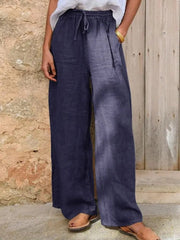 Damen Hochgeschnittene Leinenpalazzo-Hose mit Kordelzug und weitem Bein Nord Taschen – Marineblau