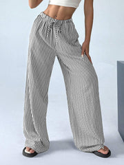 Damen Weite Highwaist-Hose mit Tunnelzug Streifen-Leinenoptik und Eingrifftaschen Nord Taschen – Schwarz