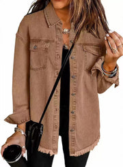 Damen Oversize Jeanshemdjacke mit Fransensaum Nord Taschen – Kamel