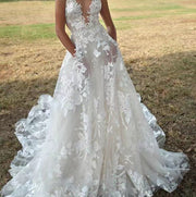 Damen V-Ausschnitt Ärmelloses Spitzen Fließendes Hochzeitskleid – Elegantes Brautkleid – Weiß