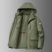Herren gefütterte Softshell-Winterjacke mit Kapuze und Multifunktionstaschen – Olivgrün