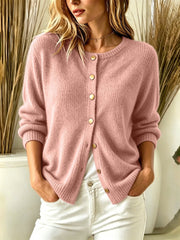 Damen Kuscheliger Strickcardigan mit Rundhalsausschnitt und goldenen Zierknöpfen Nord Taschen – Rosa