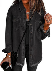 Damen Oversize Jeanshemdjacke mit Fransensaum Nord Taschen – Schwarz