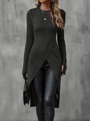 Damen Asymmetrische Langarm-Tunika mit Wickel-Saum Nord Taschen – Schwarz