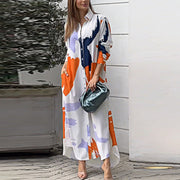 Damen Langes Hemdblusenkleid mit abstraktem Pinselprint und seitlichen Eingrifftaschen Nord Taschen – Weiße Basis - Orange - Tagesversand