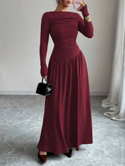 Damen Maxikleid mit gerafftem Oberteil, tailliertem Bund und Langarm Nord Taschen – Dunkelrot