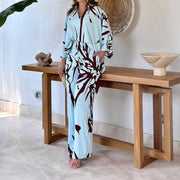 Damen Gemustertes Kimono-Lounge-Set mit weitem Palazzohose aus leichtem Viskose-Mix Nord Taschen – Blaugrund - schwarzer Print