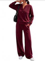 Damen Lounge-Set mit Henley-Kragen und palazzoweiter Jogginghose Nord Taschen – Weinrot