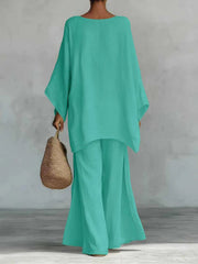 Damen Lässiges Oversize-Kaftanoberteil mit weiten Palazzohosen Nord Taschen – Seeblau