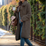 Damen Langer Teddy-Mantel aus Kunstfell mit Oversize-Schnitt und Schalkragen Nord Taschen – Dunkelgrau