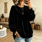 Damen Oversize-Samtpullover mit weitem Schnitt und geripptem Saum Nord Taschen – Schwarz