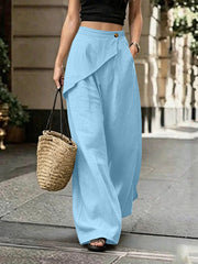 Damen Leichte Leinenhose mit Wickel-Front und weitem Bein Nord Taschen – Hellblau