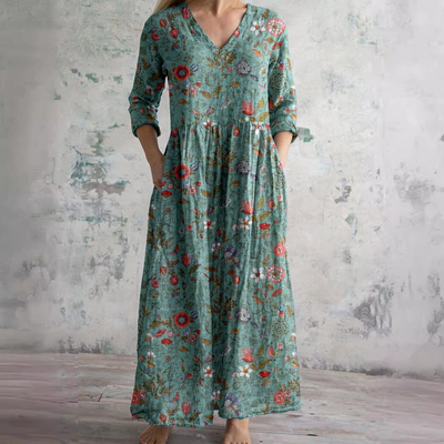 Damen-Maxikleid aus Leinen mit Blumenmuster und V-Ausschnitt