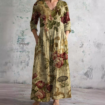 Damen-Maxikleid aus Leinen mit Blumenmuster und V-Ausschnitt