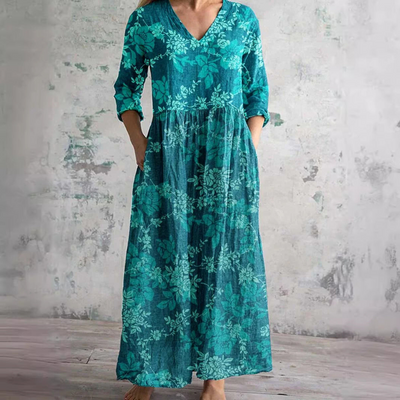 Damen-Maxikleid aus Leinen mit Blumenmuster und V-Ausschnitt