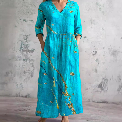 Damen-Maxikleid aus Leinen mit Blumenmuster und V-Ausschnitt