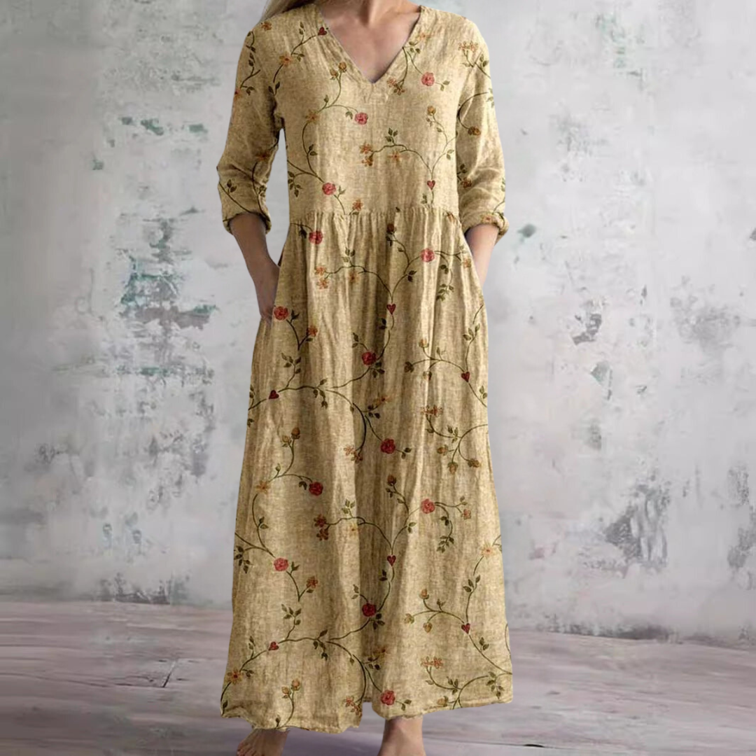 Damen-Maxikleid aus Leinen mit Blumenmuster und V-Ausschnitt