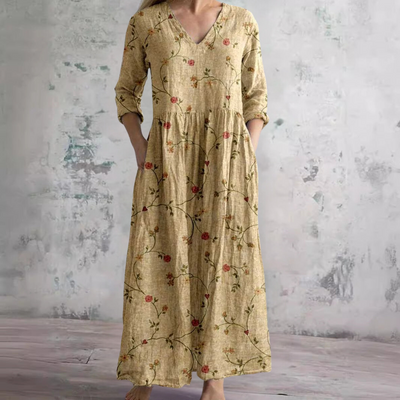 Damen-Maxikleid aus Leinen mit Blumenmuster und V-Ausschnitt