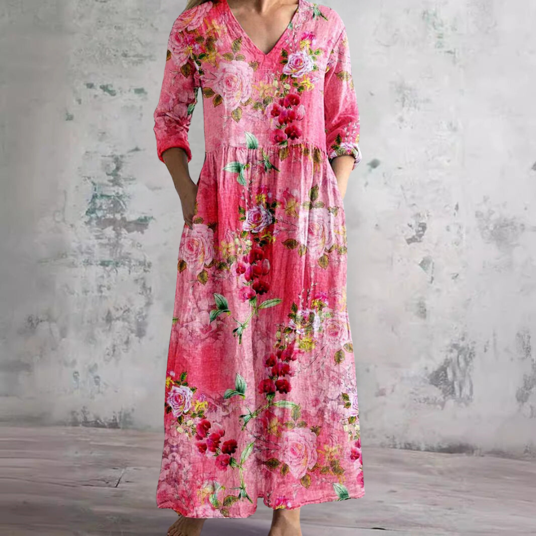 Damen-Maxikleid aus Leinen mit Blumenmuster und V-Ausschnitt