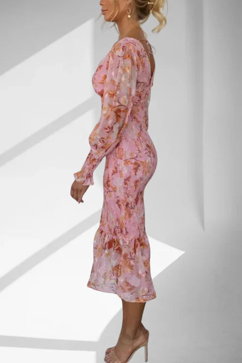 Schmales Midikleid | Volant-Saum | Florale Eleganz