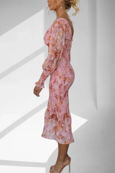 Schmales Midikleid | Volant-Saum | Florale Eleganz