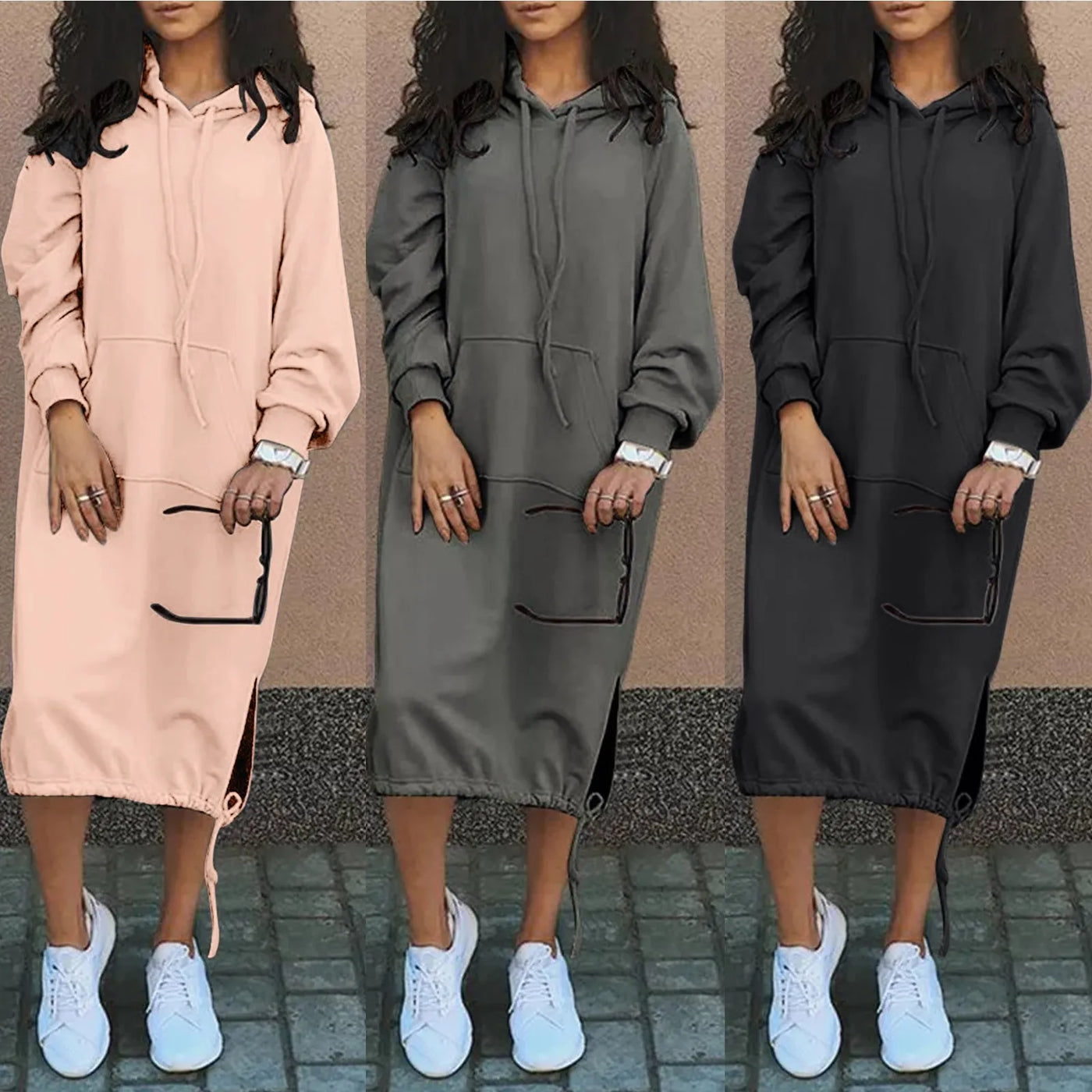 Urbanes hoodie-kleid mit kängurutasche