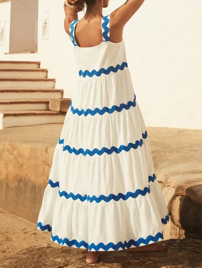 Weißes maxi-kleid mit blauen wellen - Anna