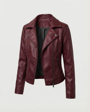 Damen Kernige Asymmetrische Biker-Lederjacke – Weinrot